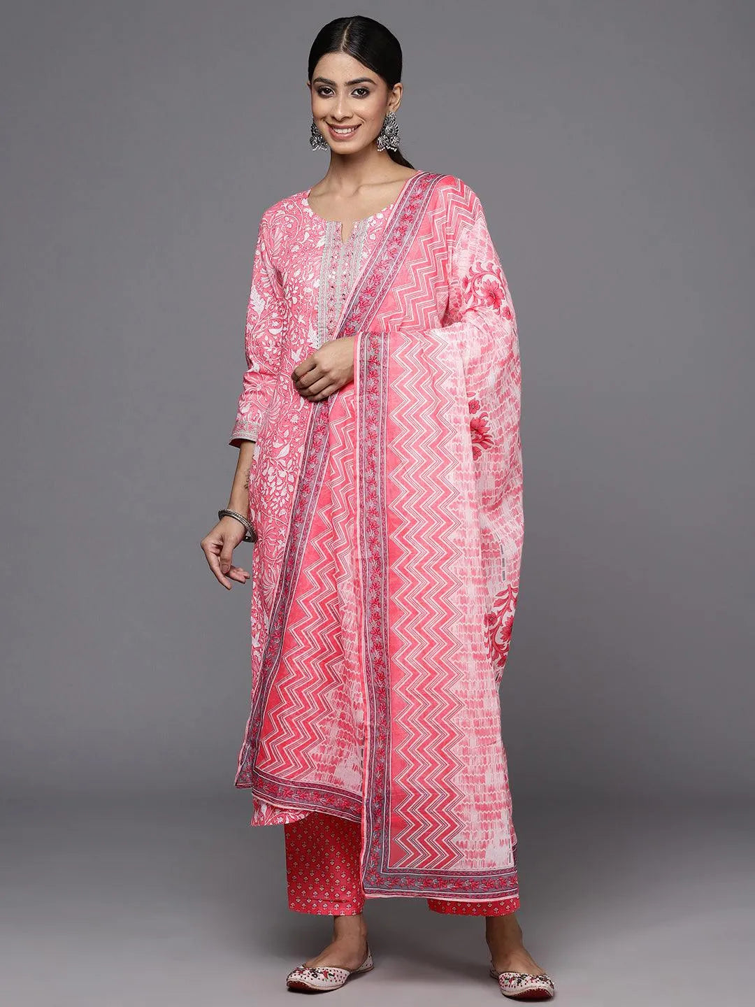Pink Printed Cotton Straight Kurta With Trousers & Dupatta - Libas