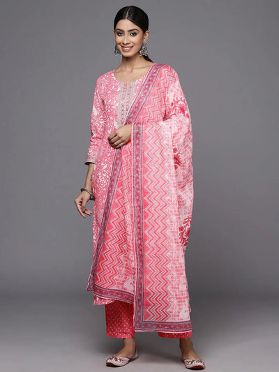 Pink Printed Cotton Straight Kurta With Trousers & Dupatta - Libas