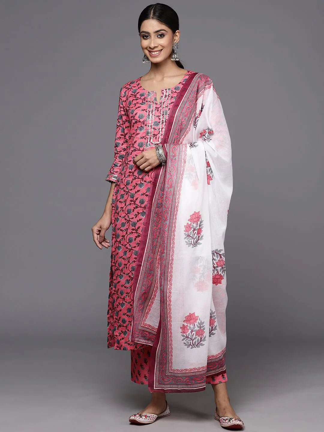 Pink Printed Cotton Straight Kurta With Trousers & Dupatta - Libas