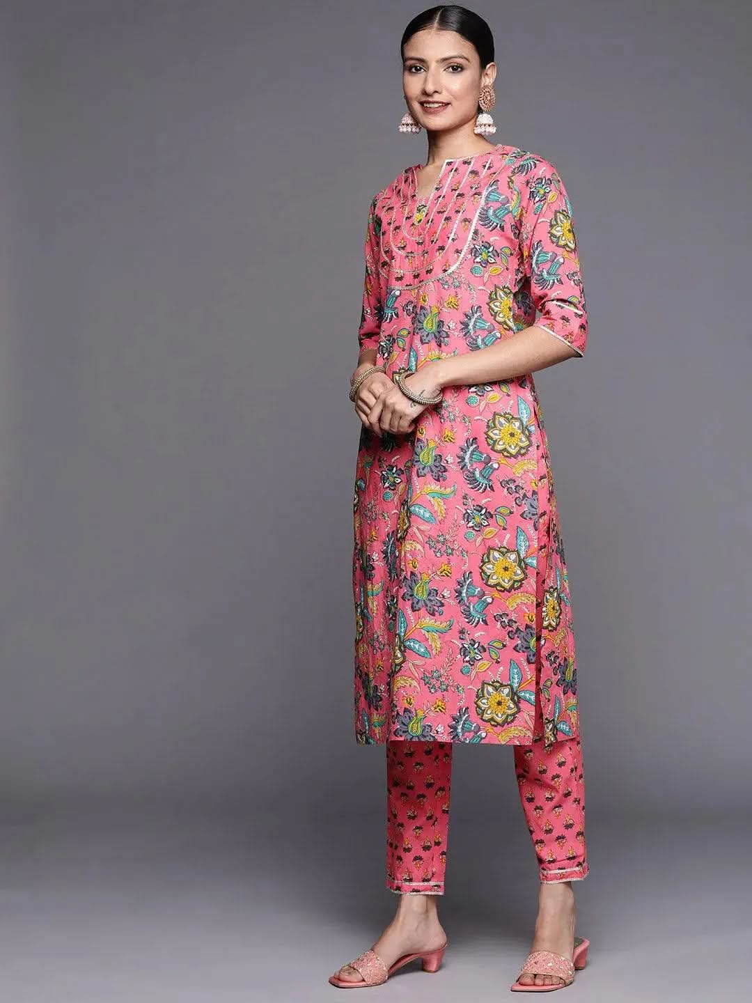 Pink Printed Cotton Straight Suit Set - Libas 