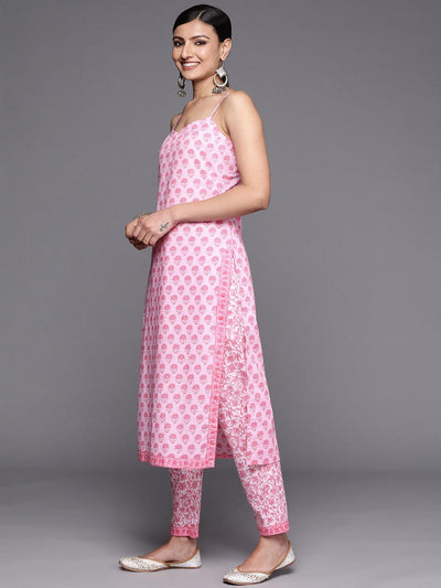 Pink Printed Cotton Straight Suit Set With Trousers - Libas