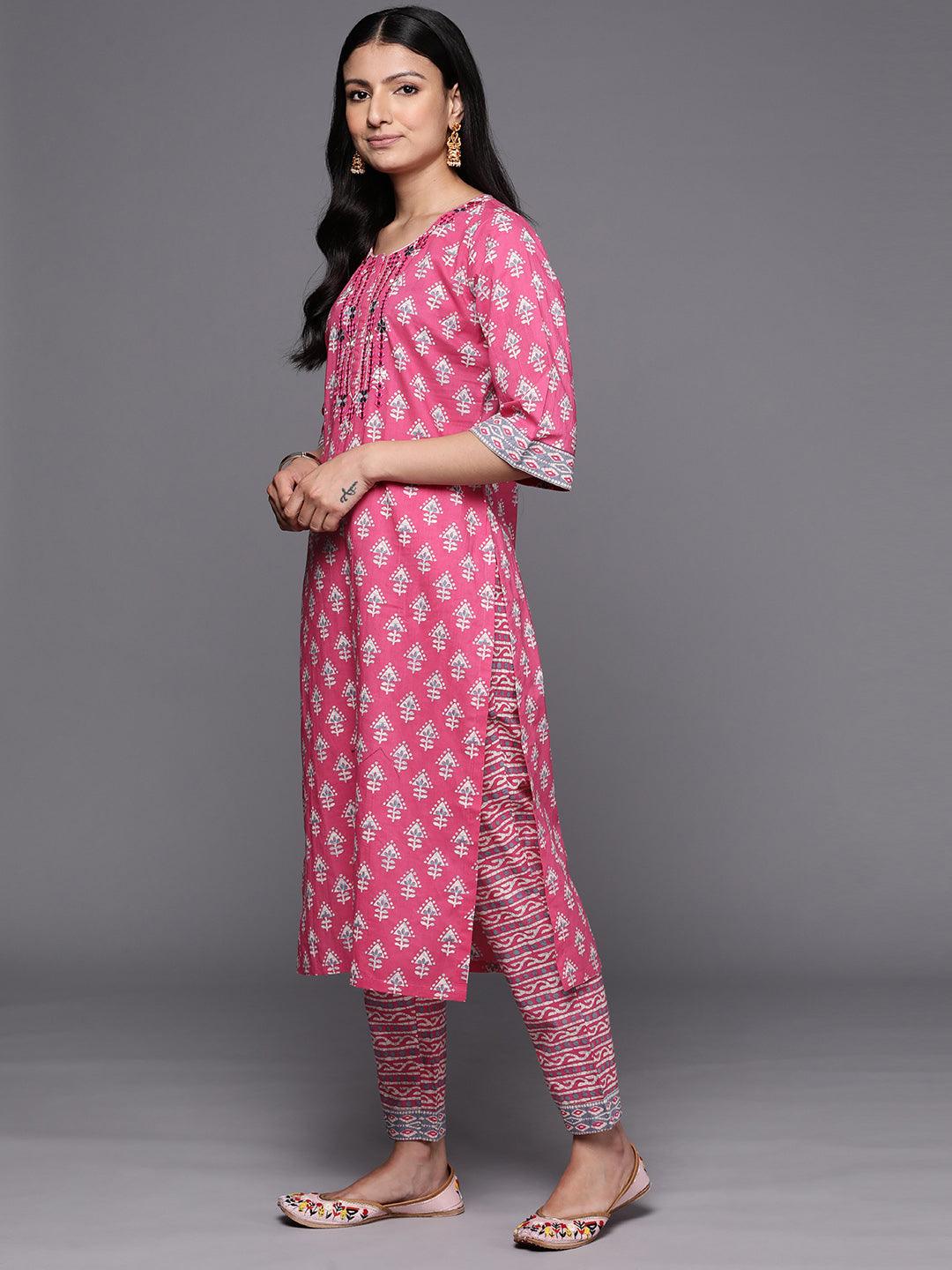 Pink Printed Cotton Straight Suit Set With Trousers - Libas