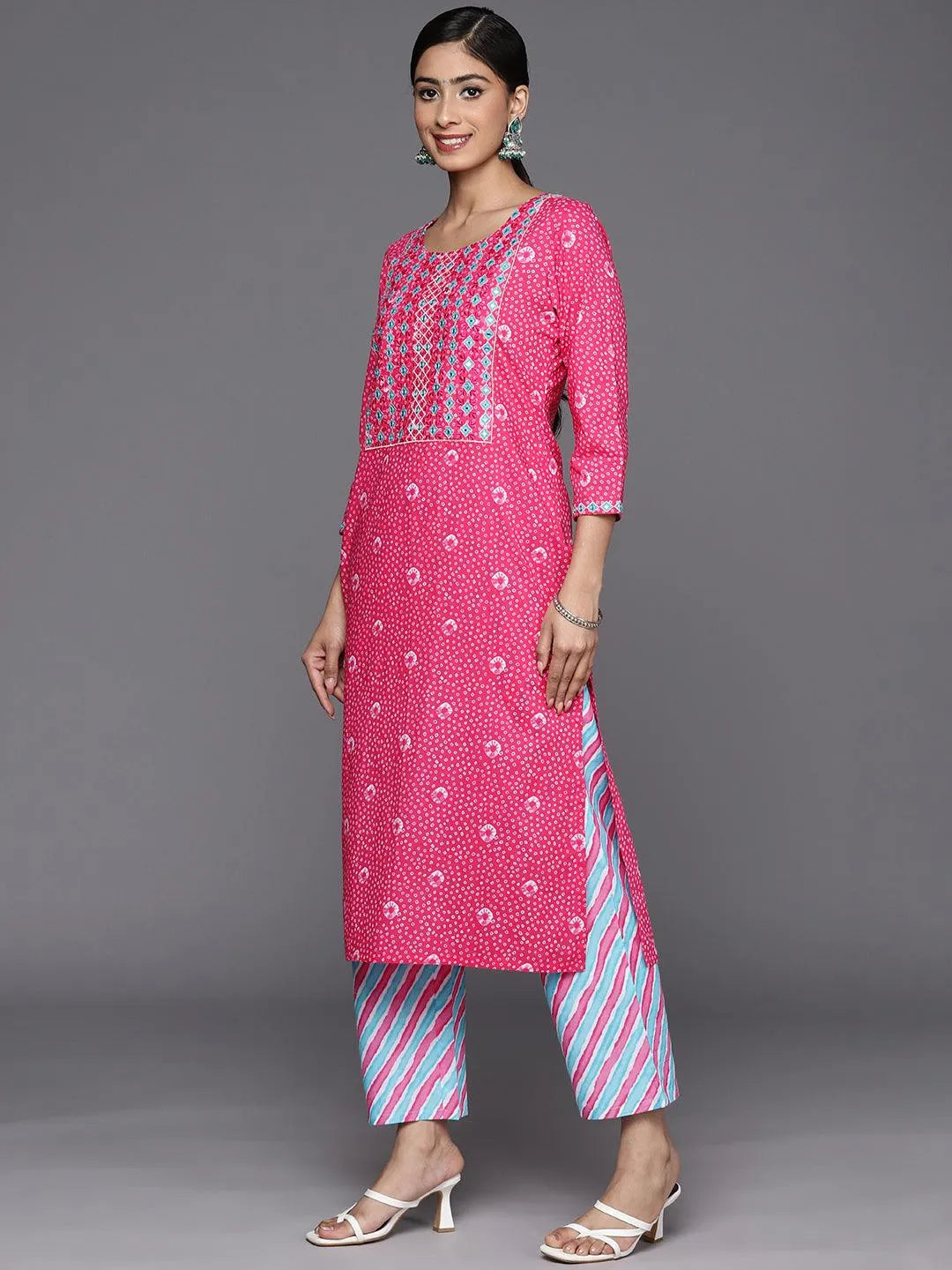 Pink Printed Cotton Straight Suit Set With Trousers - Libas 