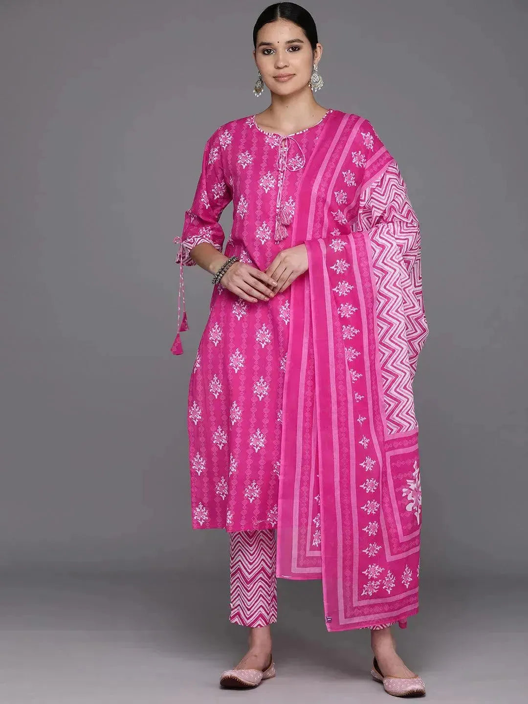 Pink Printed Cotton Straight Suit Set With Trousers - Libas 