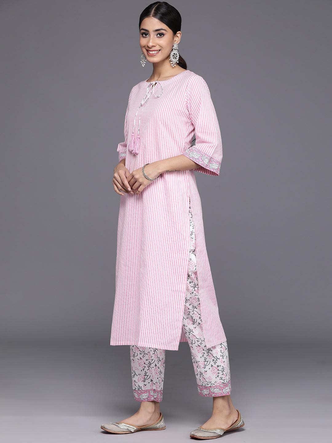 Pink Printed Cotton Straight Kurta With Trousers & Dupatta - Libas