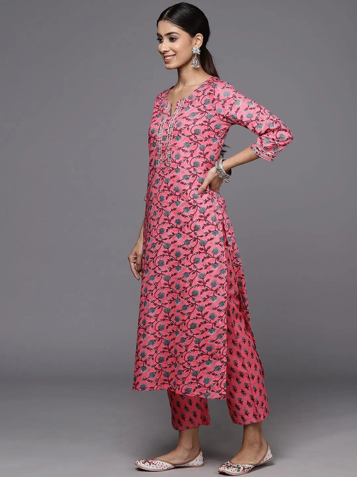Pink Printed Cotton Straight Kurta With Trousers & Dupatta - Libas