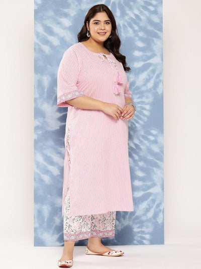 Pink Printed Cotton Straight Kurta With Trousers and Dupatta - Libas