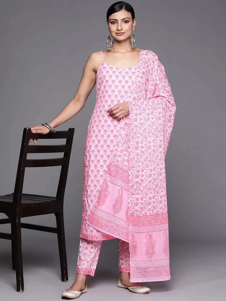 Pink Printed Cotton Straight Suit Set With Trousers - Libas