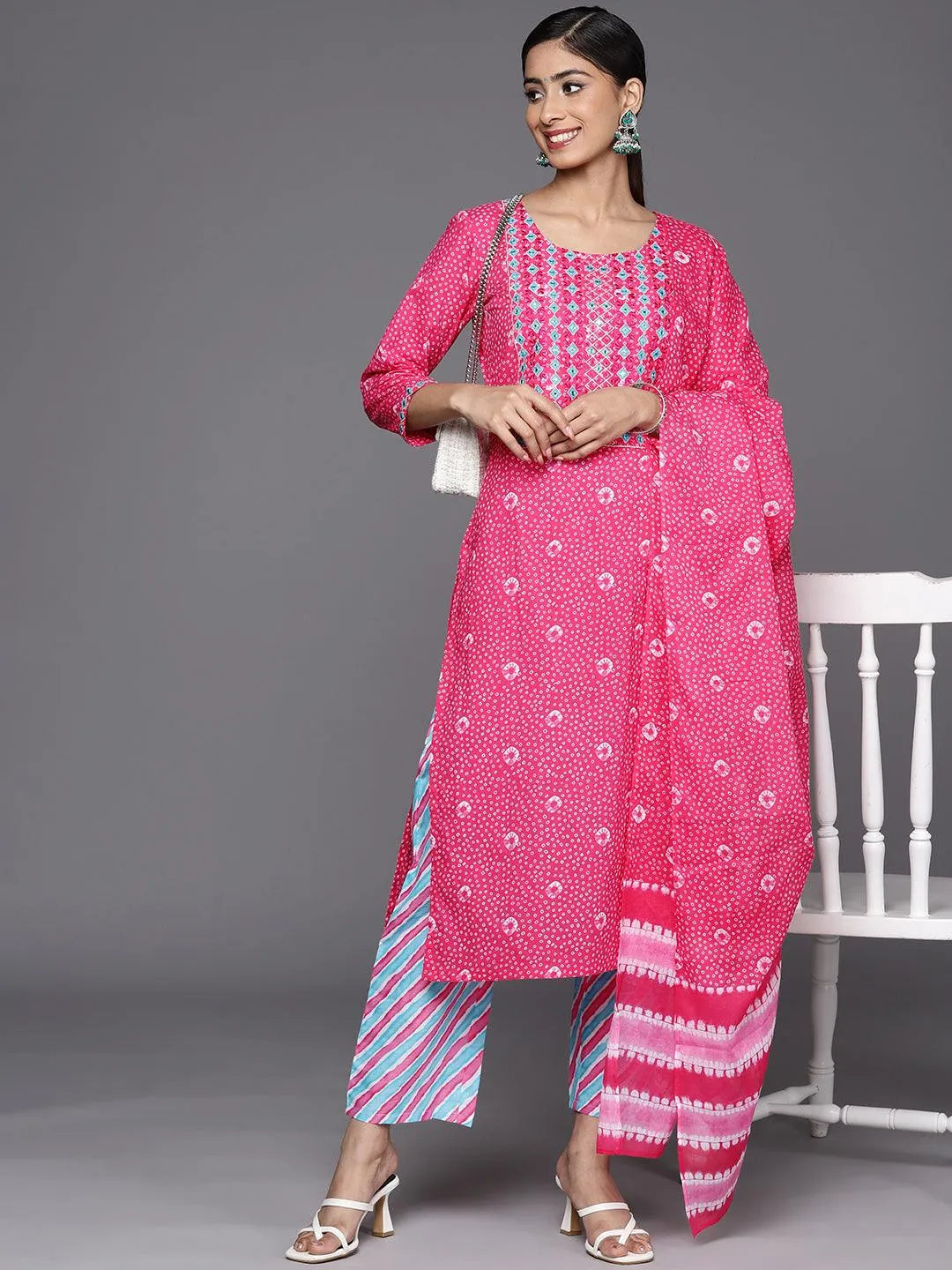 Pink Printed Cotton Straight Suit Set With Trousers - Libas 