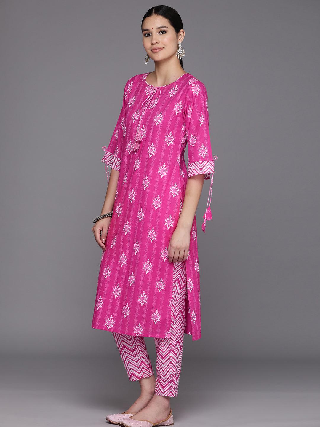 Pink Printed Cotton Straight Kurta With Trousers & Dupatta