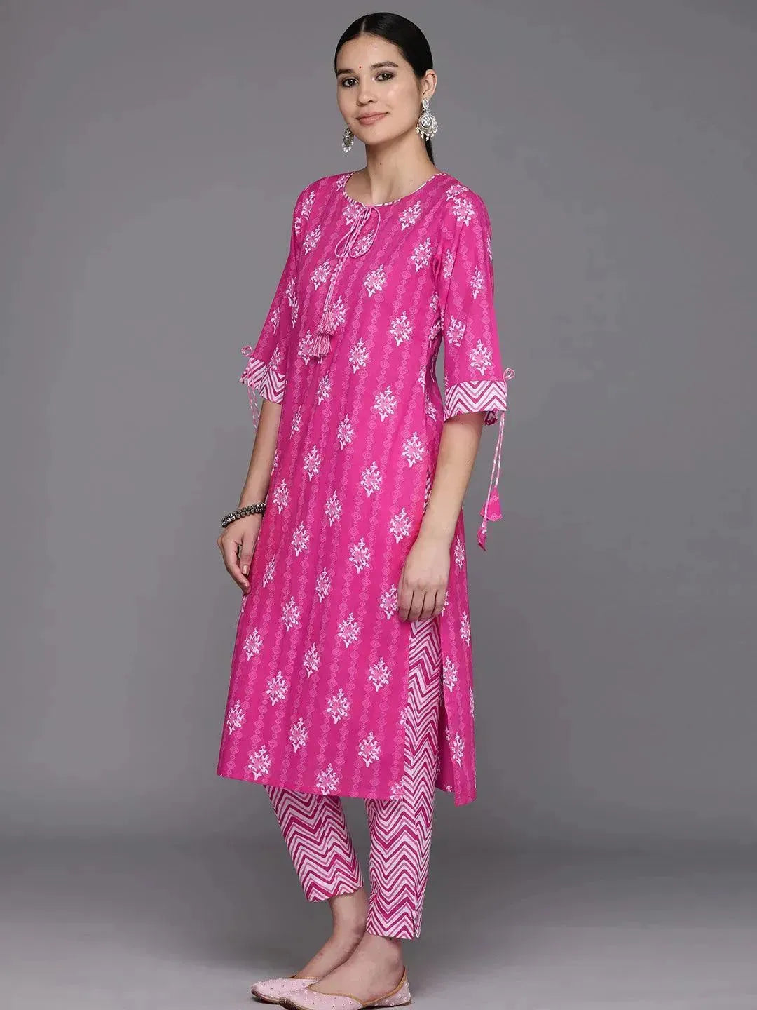Pink Printed Cotton Straight Suit Set With Trousers - Libas 