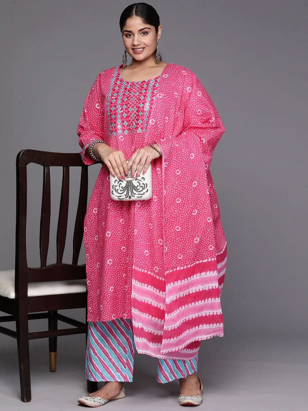 Black Yoke Design Cotton Straight Kurta With Trousers & Dupatta - Libas 