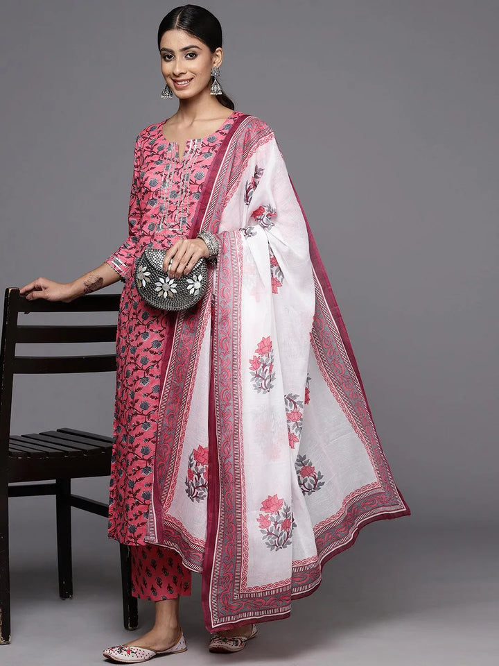 Pink Printed Cotton Straight Kurta With Trousers & Dupatta - Libas