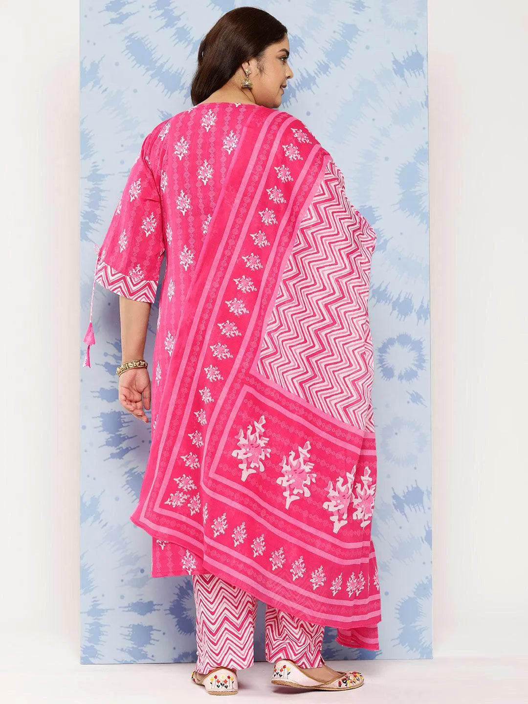 Pink Printed Cotton Straight Kurta With Trousers and Dupatta - Libas 