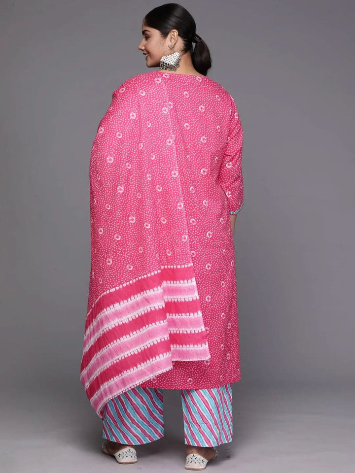 Pink Printed Cotton Straight Kurta With Trousers and Dupatta - Libas
