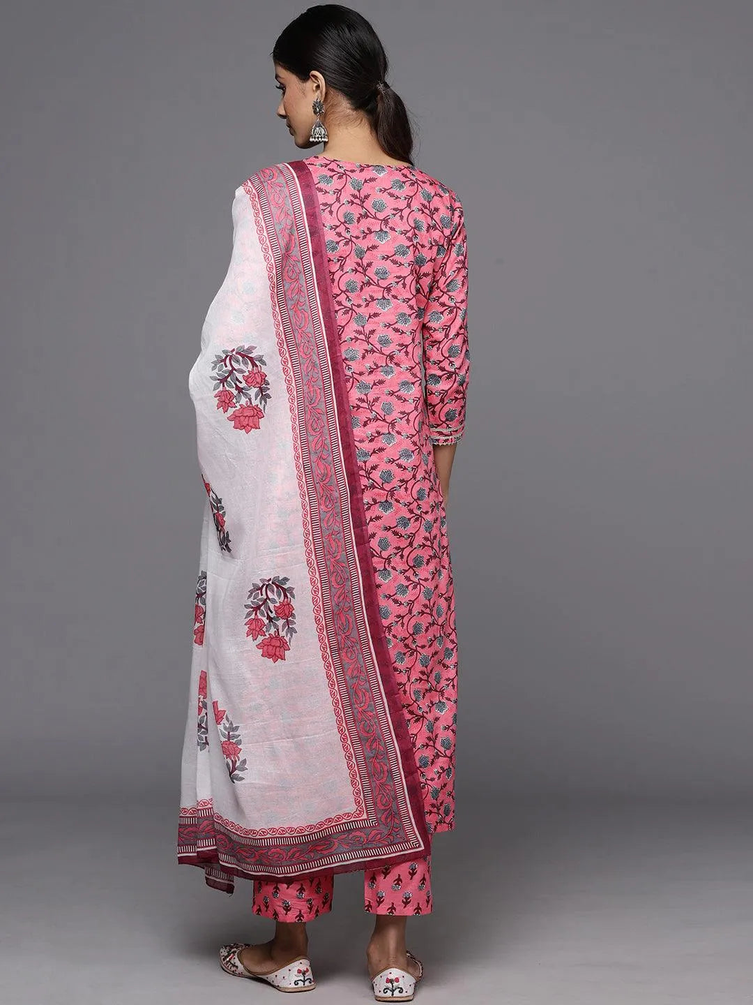 Pink Printed Cotton Straight Kurta With Trousers & Dupatta - Libas 