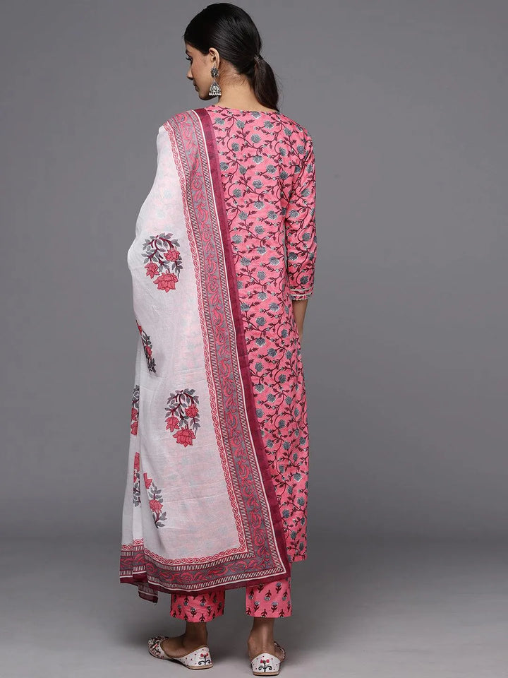 Pink Printed Cotton Straight Kurta With Trousers & Dupatta - Libas
