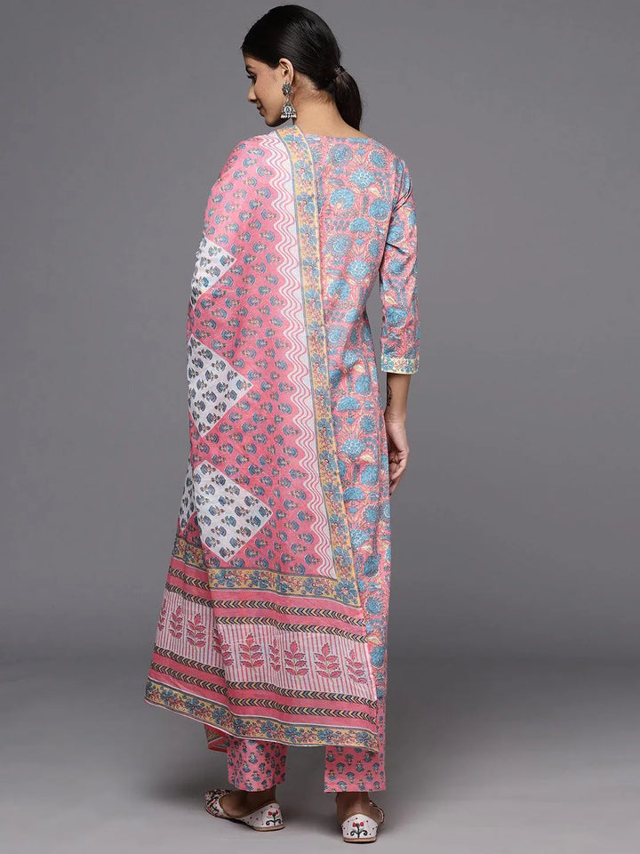 Pink Printed Cotton Straight Kurta With Trousers & Dupatta - Libas