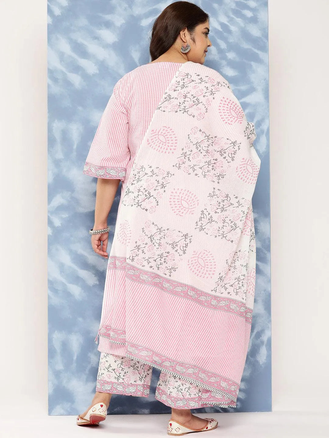 Pink Printed Cotton Straight Kurta With Trousers and Dupatta - Libas 