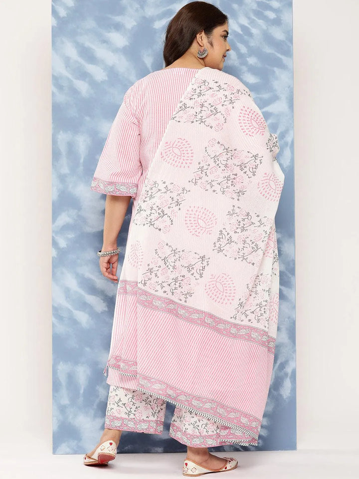 Pink Printed Cotton Straight Kurta With Trousers and Dupatta - Libas