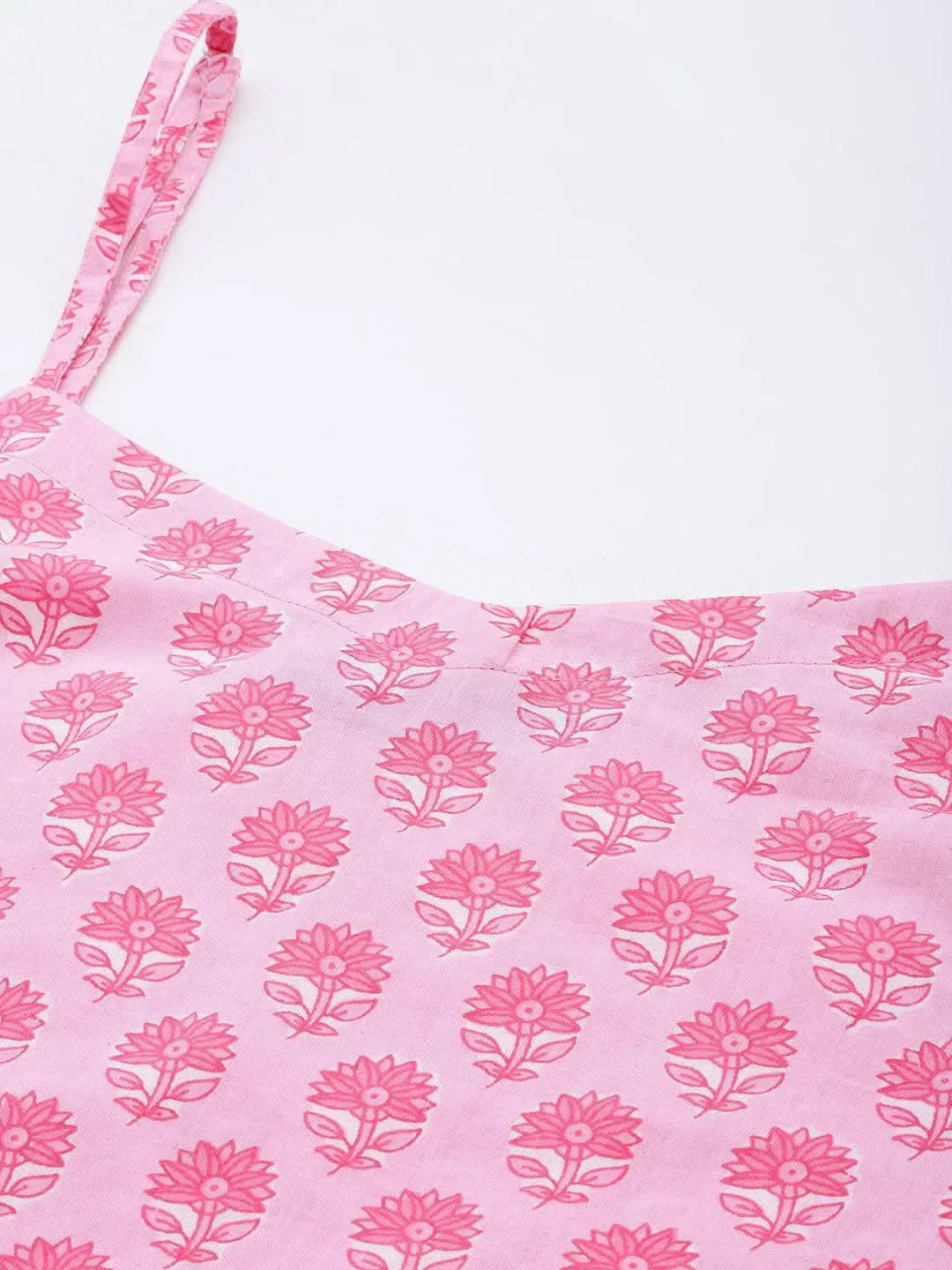 

Pink Printed Cotton Straight Kurta With Trousers & Dupatta