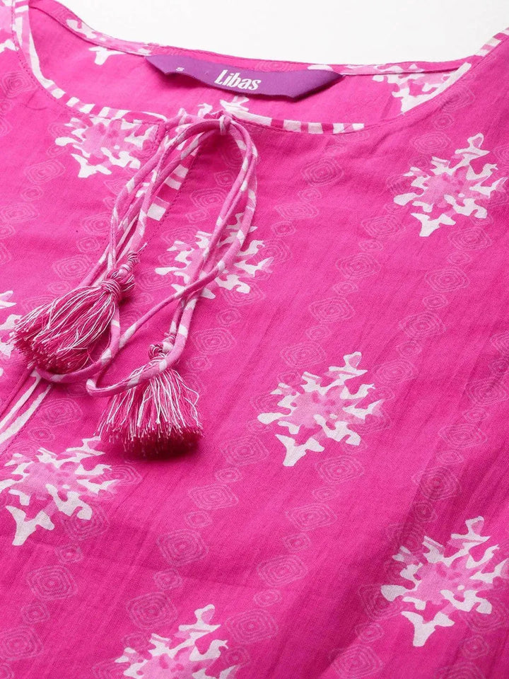Pink Printed Cotton Straight Suit Set With Trousers - Libas