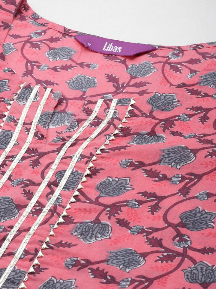 Pink Printed Cotton Straight Kurta With Trousers & Dupatta - Libas
