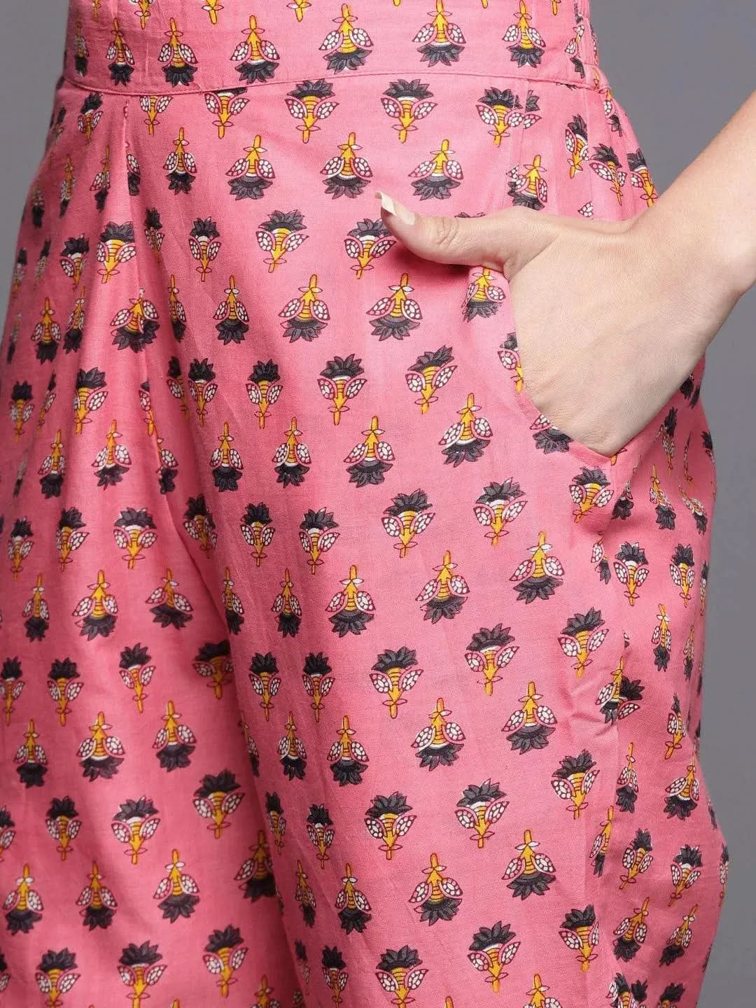 Pink Printed Cotton Straight Suit Set - Libas 