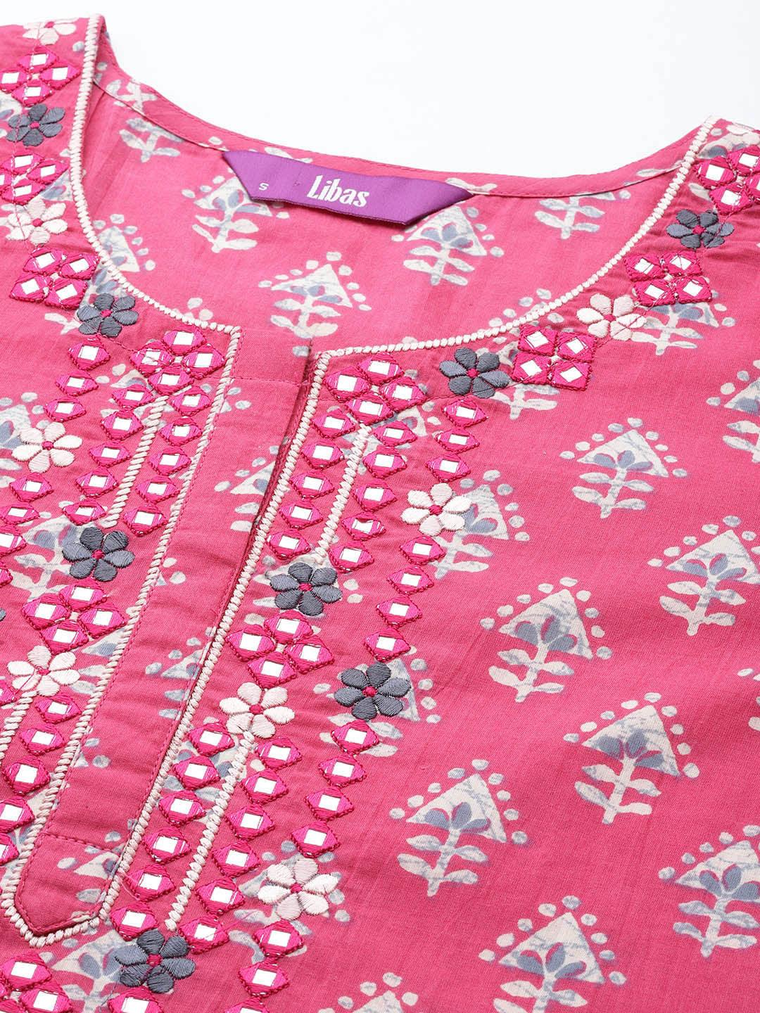 Pink Printed Cotton Straight Kurta With Trousers & Dupatta