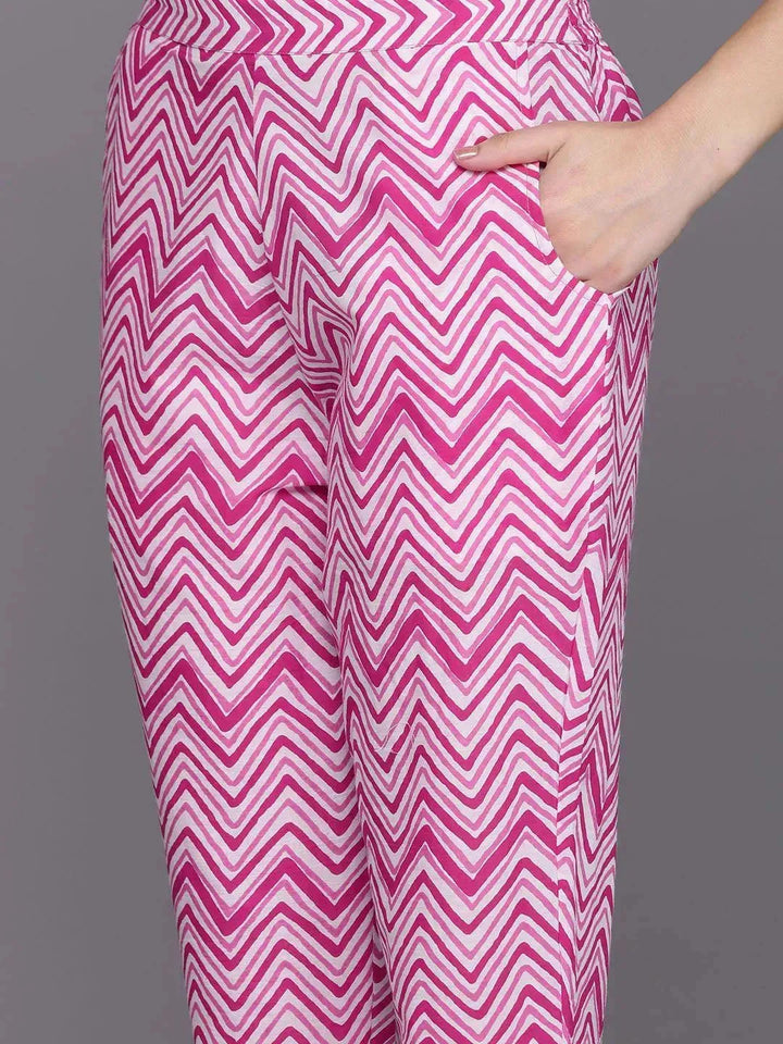 Pink Printed Cotton Straight Suit Set With Trousers - Libas
