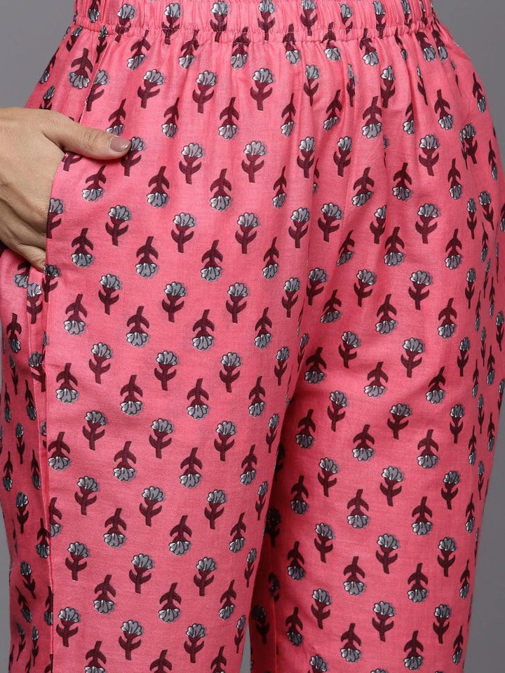 Pink Printed Cotton Straight Kurta With Trousers & Dupatta - Libas