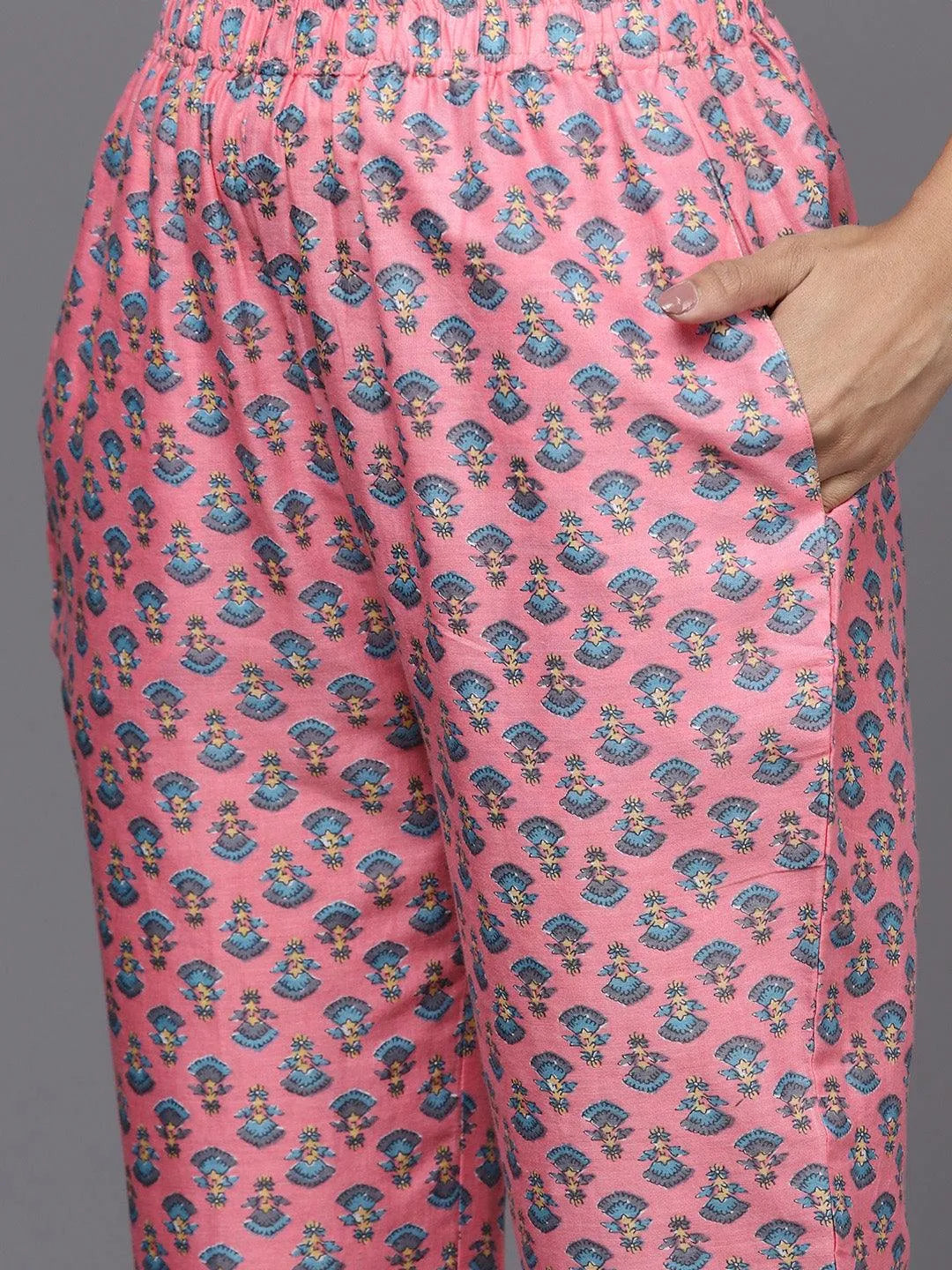 Pink Printed Cotton Straight Kurta With Trousers & Dupatta - Libas 