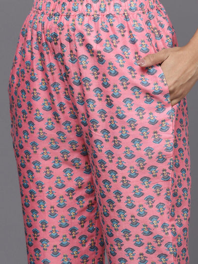 Pink Printed Cotton Straight Kurta With Trousers & Dupatta - Libas
