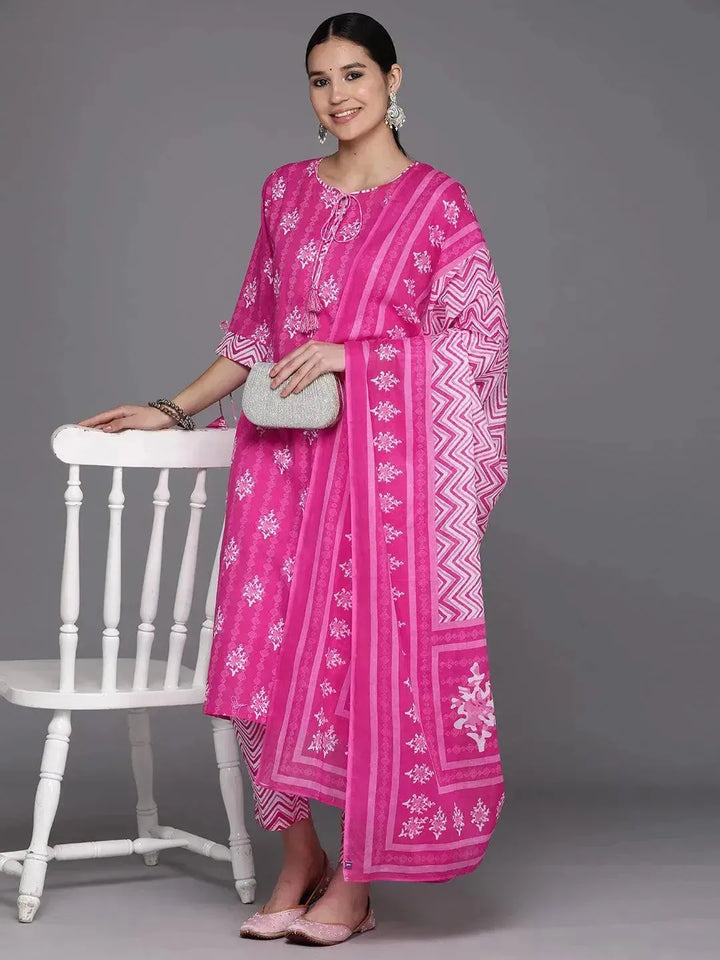 Pink Printed Cotton Straight Suit Set With Trousers - Libas