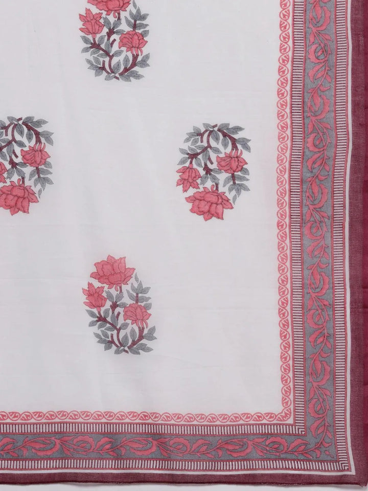 Pink Printed Cotton Straight Kurta With Trousers & Dupatta - Libas