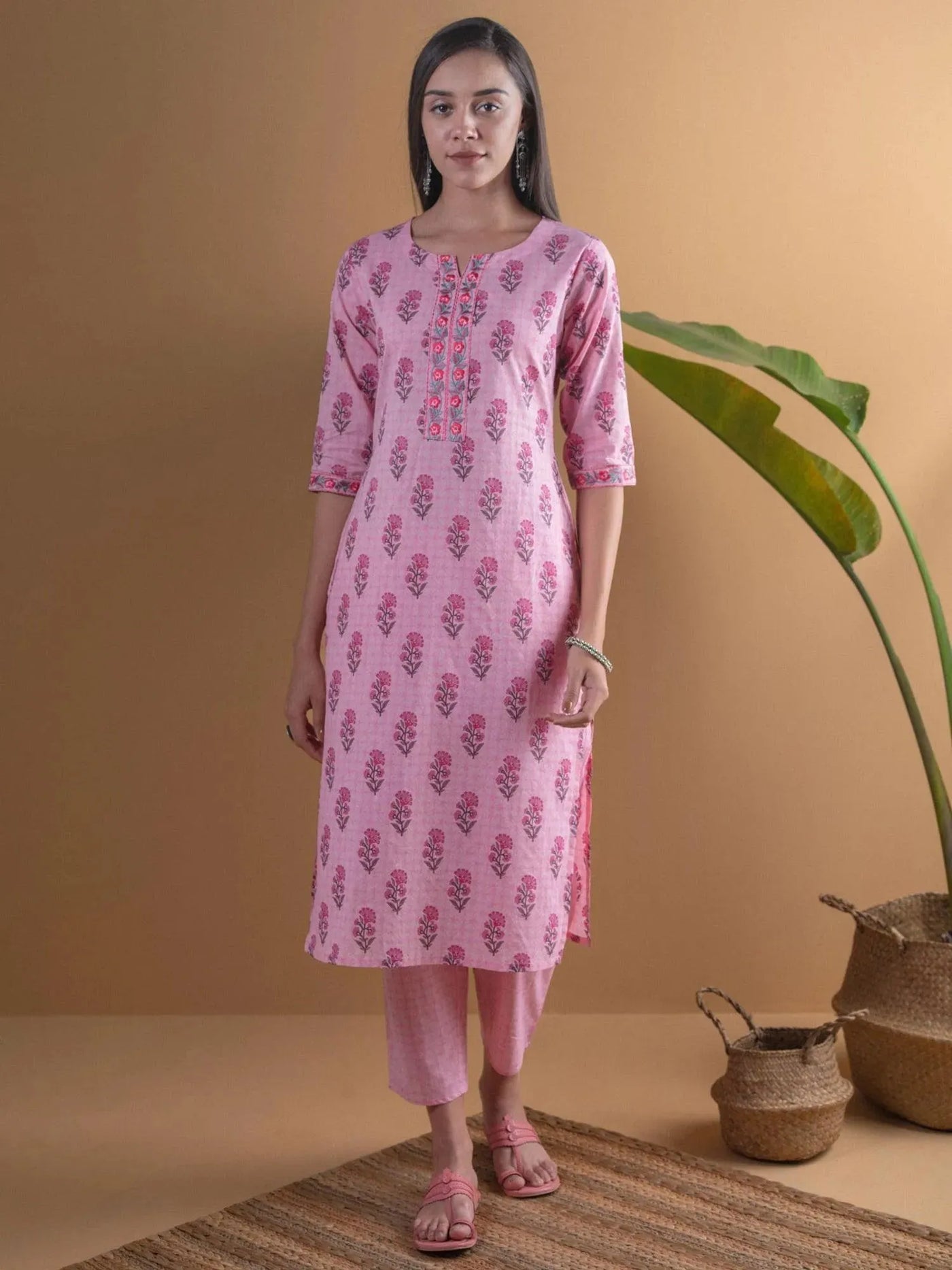 Pink Printed Cotton Kurta Set - Libas