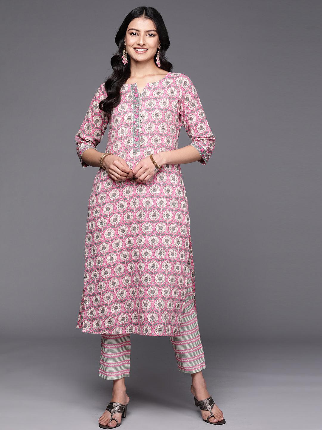 Pink Printed Cotton Straight Kurta Set With Trousers - Libas