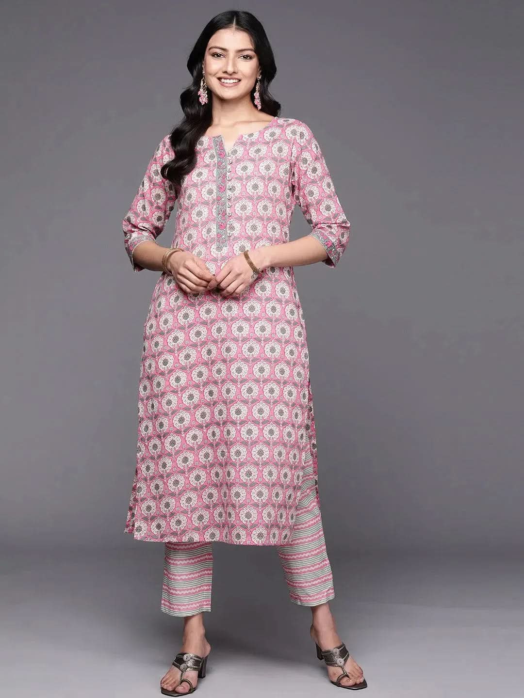 

Pink Printed Cotton Straight Kurta With Trousers