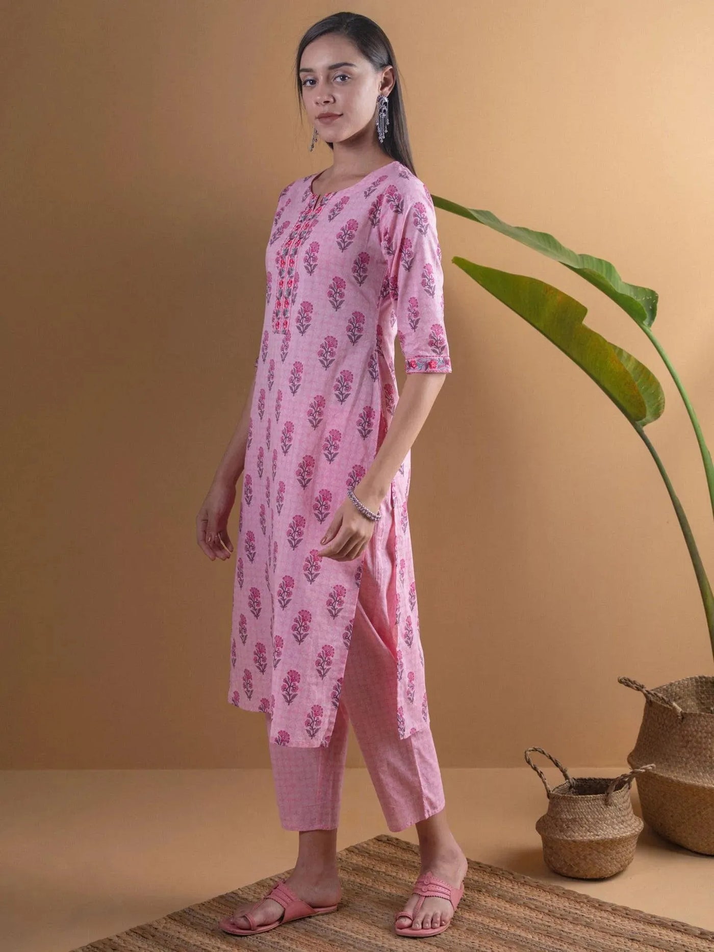 Pink Printed Cotton Kurta Set - Libas