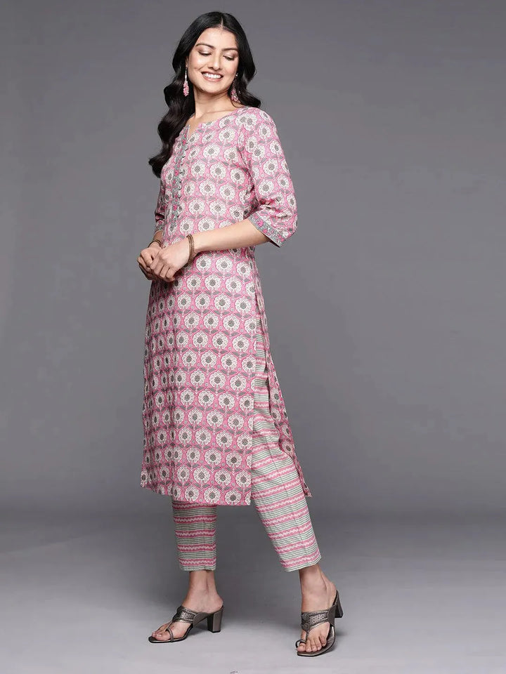 Pink Printed Cotton Straight Kurta Set With Trousers - Libas