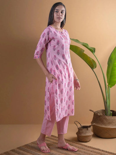 Pink Printed Cotton Kurta Set - Libas