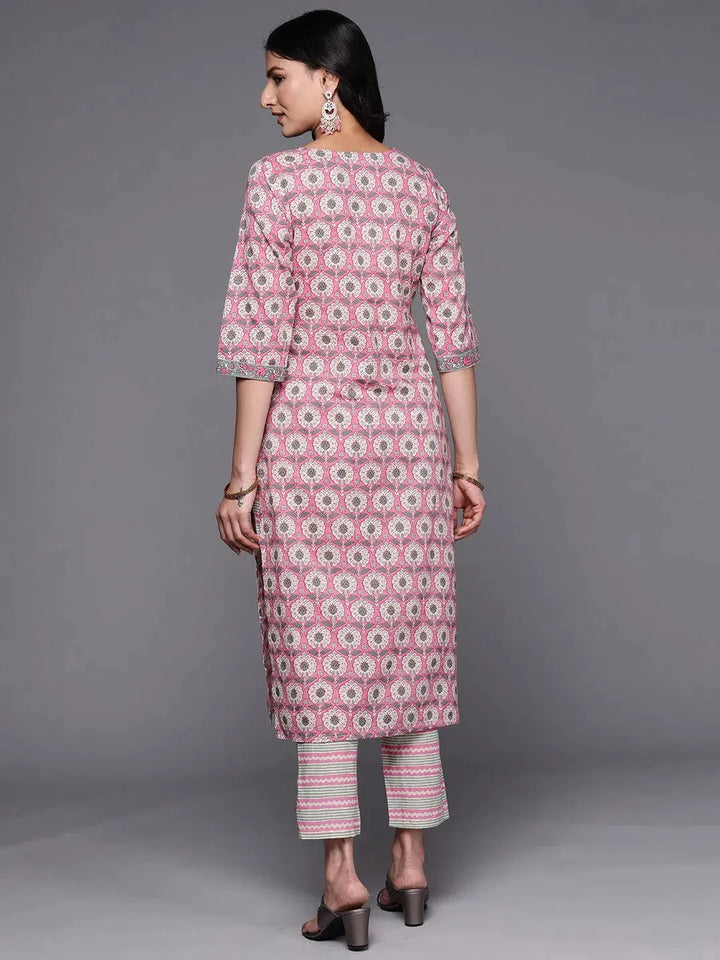 Pink Printed Cotton Straight Kurta Set With Trousers - Libas