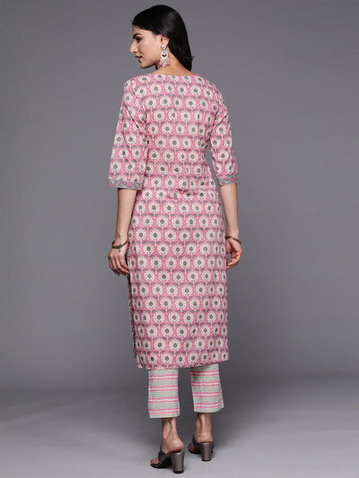 Pink Printed Cotton Straight Kurta Set With Trousers - Libas