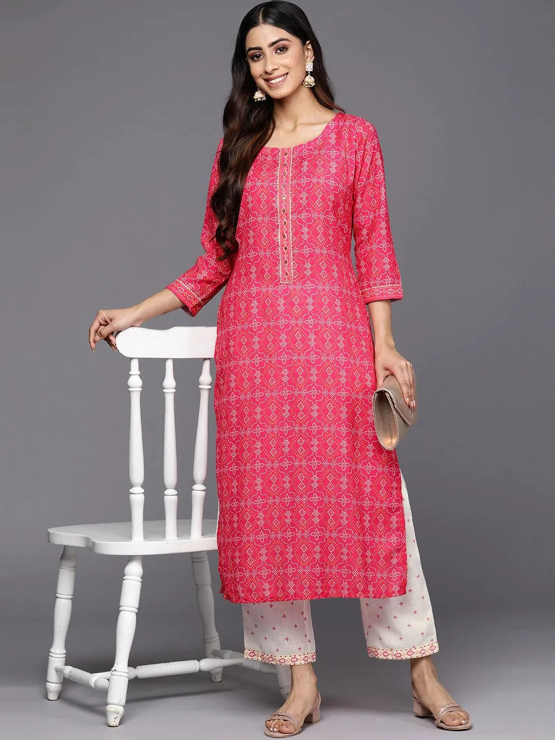 Pink Printed Cotton Straight Kurta Set With Trousers - Libas 