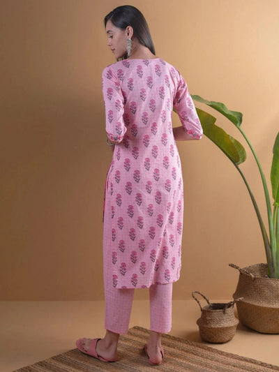 Pink Printed Cotton Kurta Set - Libas