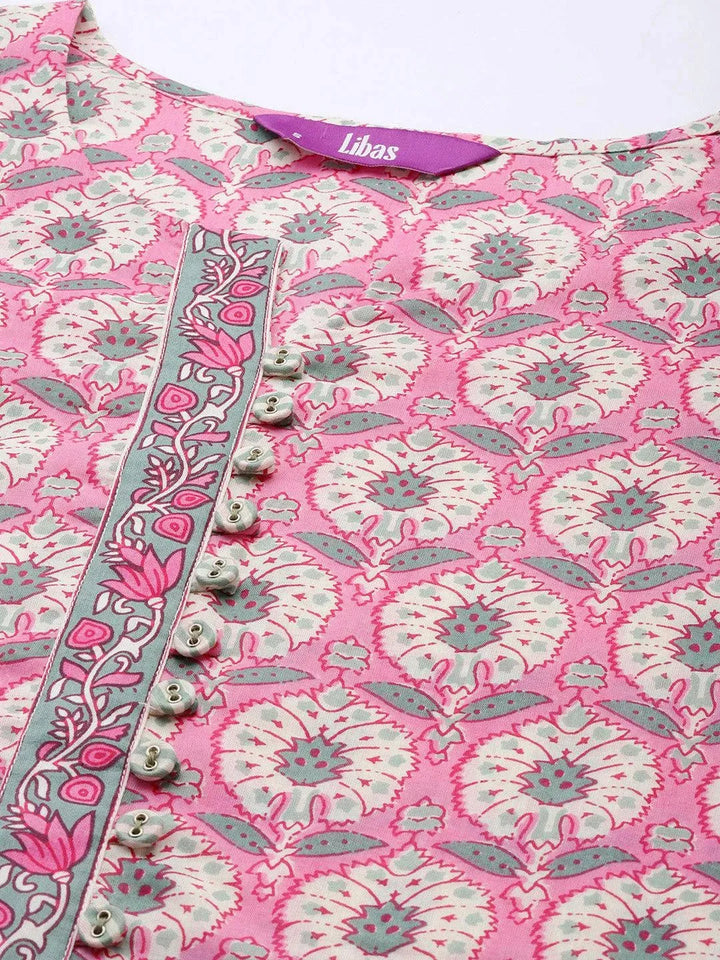 Pink Printed Cotton Straight Kurta Set With Trousers - Libas
