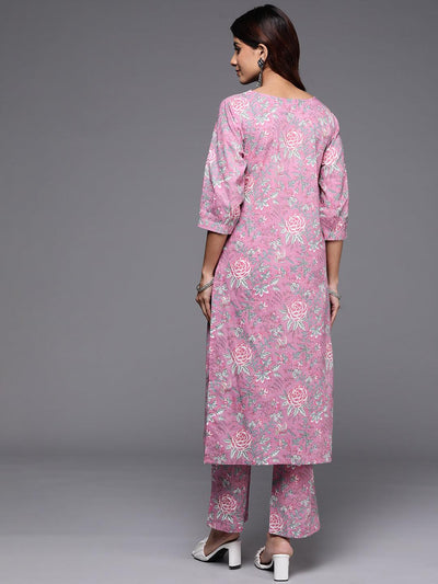 Pink Printed Cotton Straight Kurta With Trousers - Libas