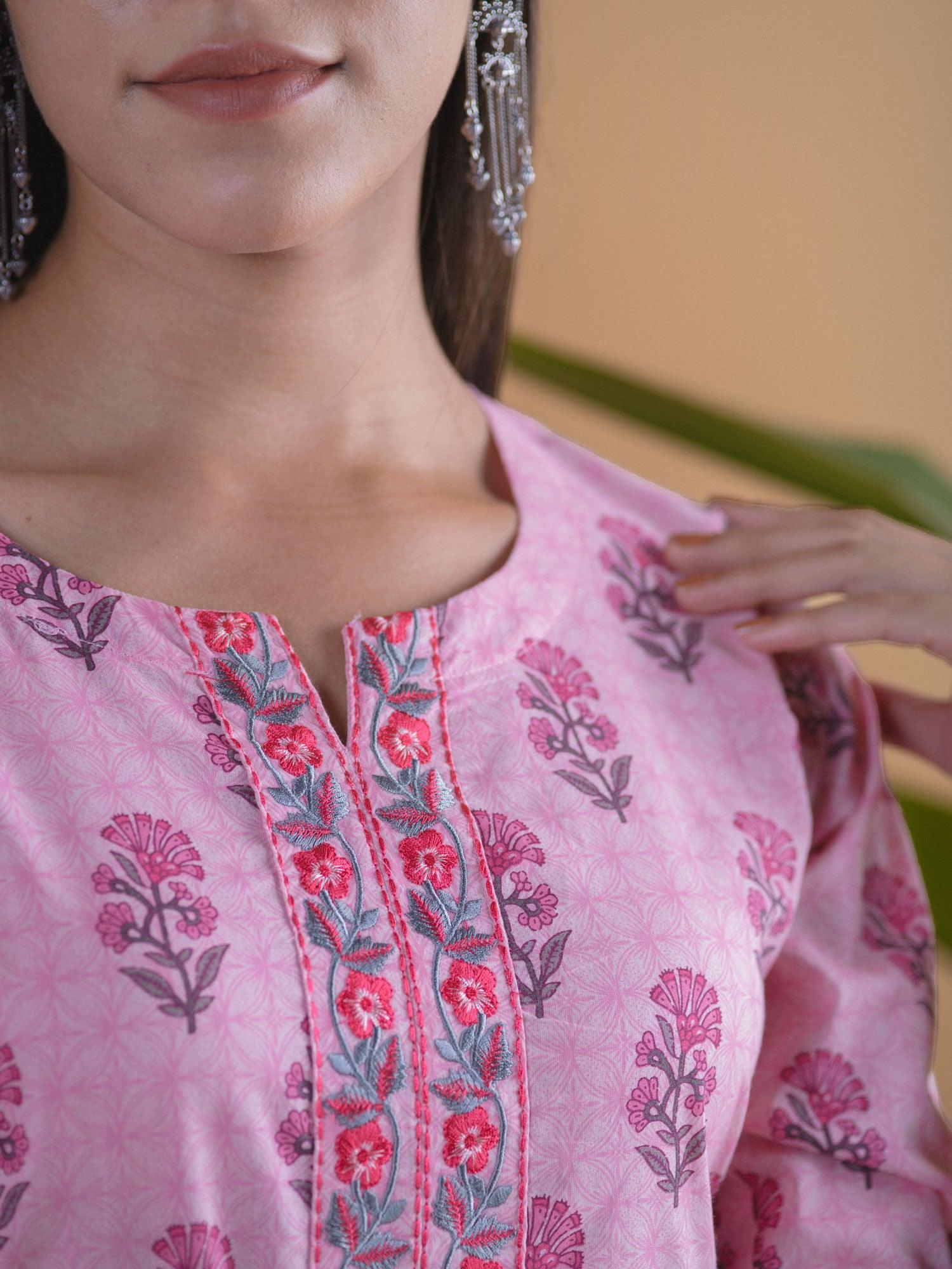 Pink Printed Cotton Straight Kurta With Trousers