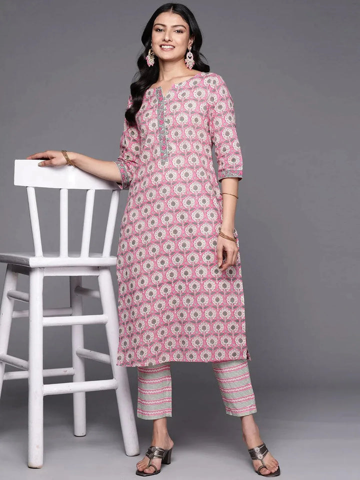 Pink Printed Cotton Straight Kurta Set With Trousers - Libas