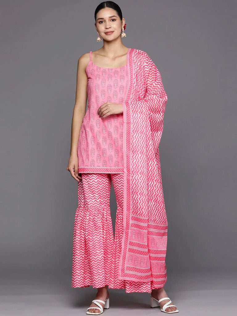 Libas Pink Printed Cotton Straight Sharara Suit Set With Dupatta